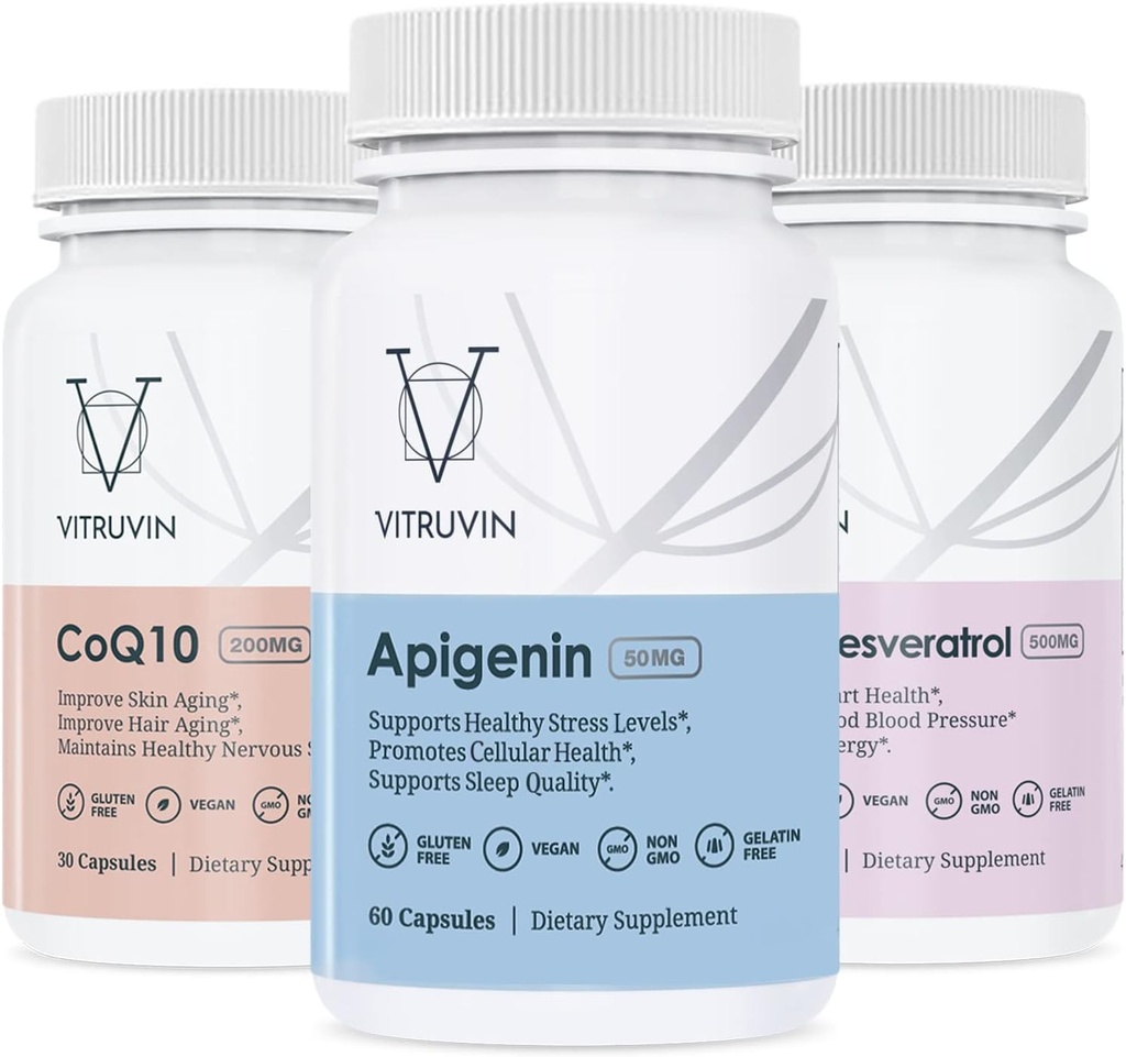 Vitruvin Sport Recovery (Apigenin 2 x 50mg, COQ10 200mg, Resveratrol 500mg) Vegan, Non-GMO, Gluten-Free, Gelatină-Free.