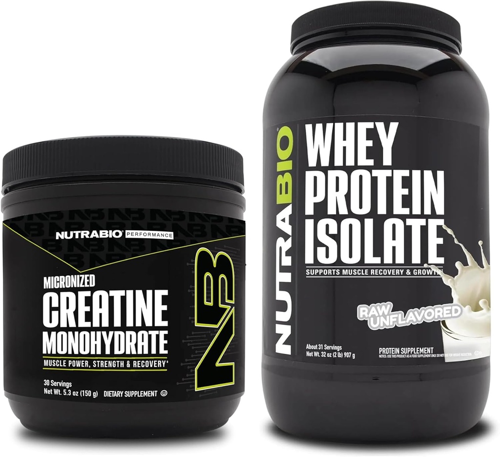 NutraBio Creatina Monohidrat, Nearomate, 150g și Whey Proteine Izolate, Nearomate, Supliment Bundle - Energie musculară, Creștere musculară Lean, Recuperare și Putere