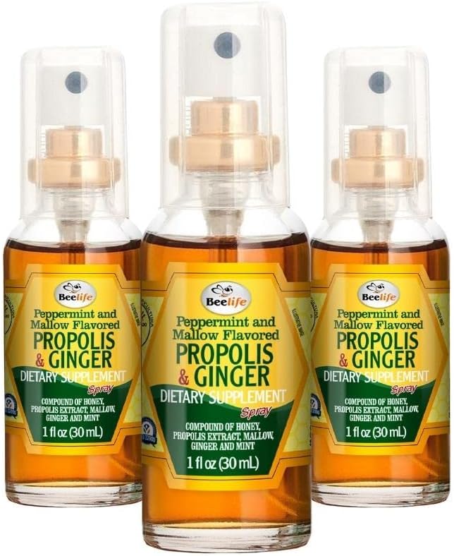 Beelife Propolis Ghroat Spray Pulverizare Honey & Ginger Propolis - Suport Imun natural & Bee Propolis Extract-Antioxidante, Bogat în Flavonoids & Artepillin, Nu Zahăr, Gluten-Free- 3-Pack, 90ml