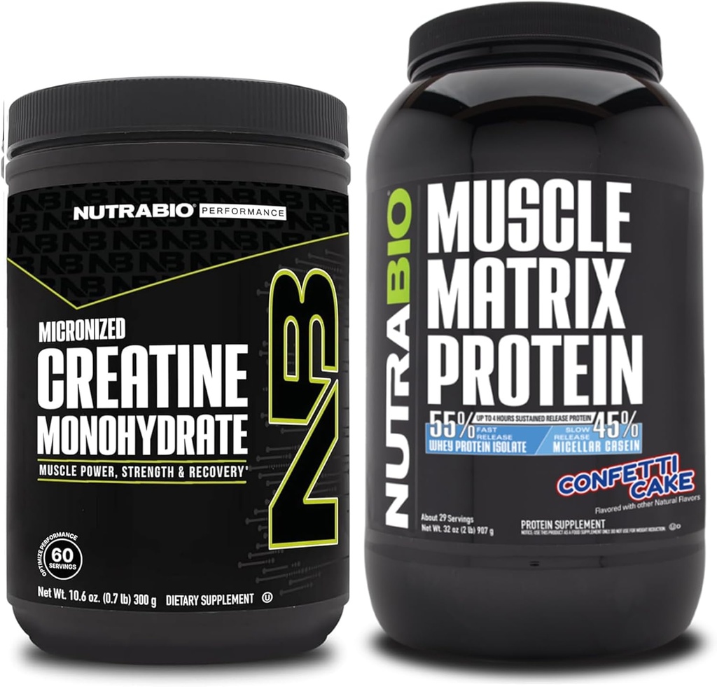NutraBio Creatina Monohidrat, Nearomate, (300 g) și Mușchi Matrix Pulbere de proteine, (Confetti Cake) Supliment Bundle 