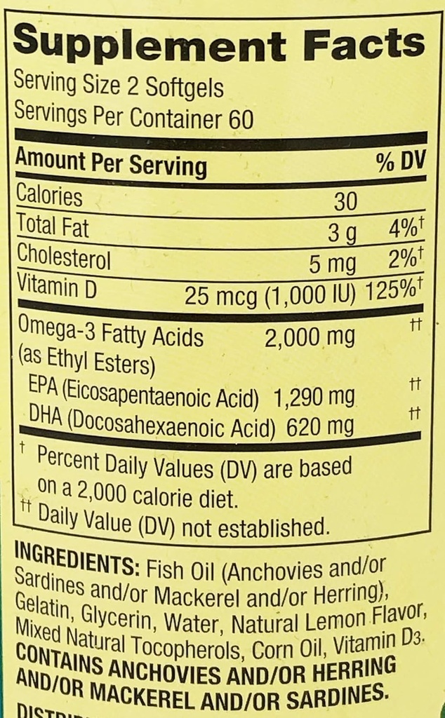 Spring Valley Omega 3 Ulei de pește Maxim de îngrijire 2000mg Lemon 120 Softgels