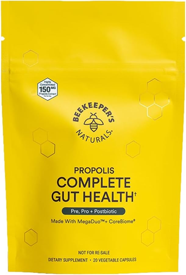 Naturals Abekeeper's Complete Gut Health, 3-in-1 Prebiotic, Postbiotic, Probiotice pentru Digestive Health & Bloating Relief pentru femei & bărbaţi, Propolis Powered, Gluten-Free Vegan Capsule, 20ct