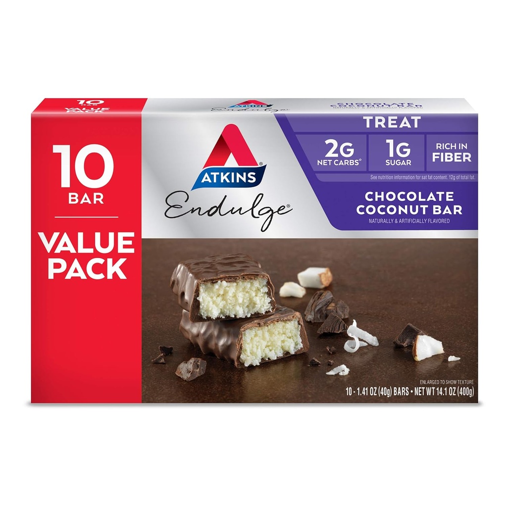 Atkins Endulge Chocolate Coconut Bar, Desert Favorite, High in Fiber, 1g Sugar, 10 Count