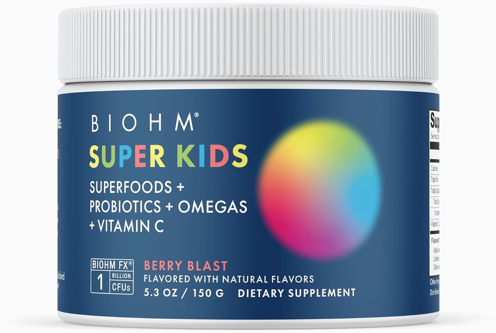 BIOHM Super Kids Superfood Powder Plus Probiotice, (5.3 Oz, 30 Servings) Delicious Berry Blast, Antioxidanti, Omega 3 & Vitamina C, Non-GMO, Dairy Free, Nu Ingrediente artificiale, Vegetarian, Vârsta 4+