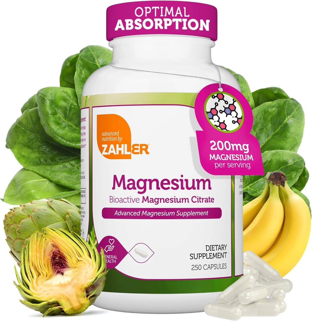 Zahler - Supliment de magneziu Capsule 200 mg (250 Conte) Citrat de magneziu bioactiv Kosher certificat pentru absorbţie maximă - Minerale naturale de magneziu pentru bărbaţi şi femei - Cele mai bune suplimente de magneziu