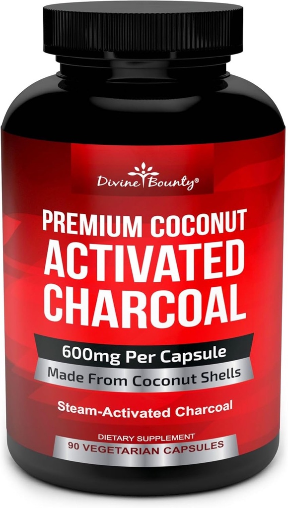 Divine Bounty Capsule de cărbune organic activate - 600 mg Pastile de nucă de cocos Charcoal - 90 Veggie Caps