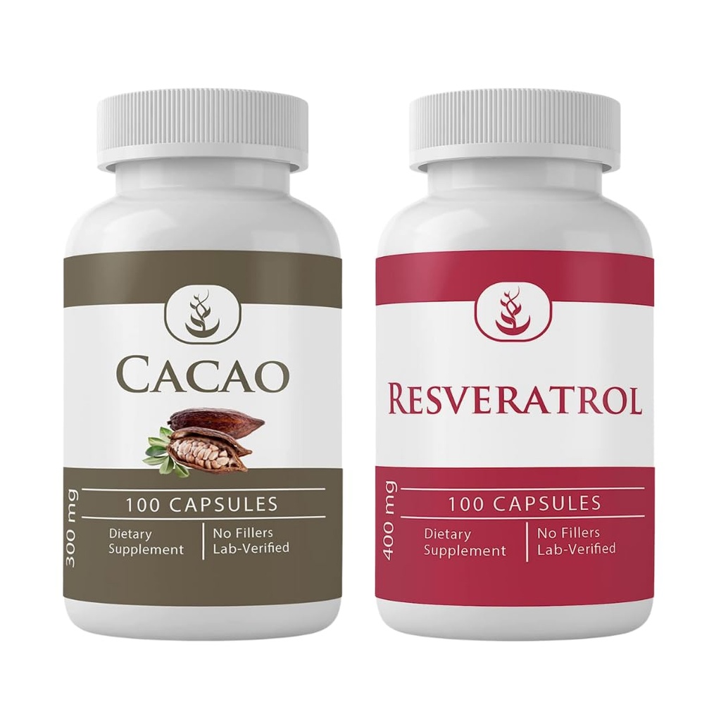 INGREDIENTE ORIGINALE CACAO & Resveratrol Capsule Bundle (100 capsule fiecare), fără aditivi sau fillere, lab verificate