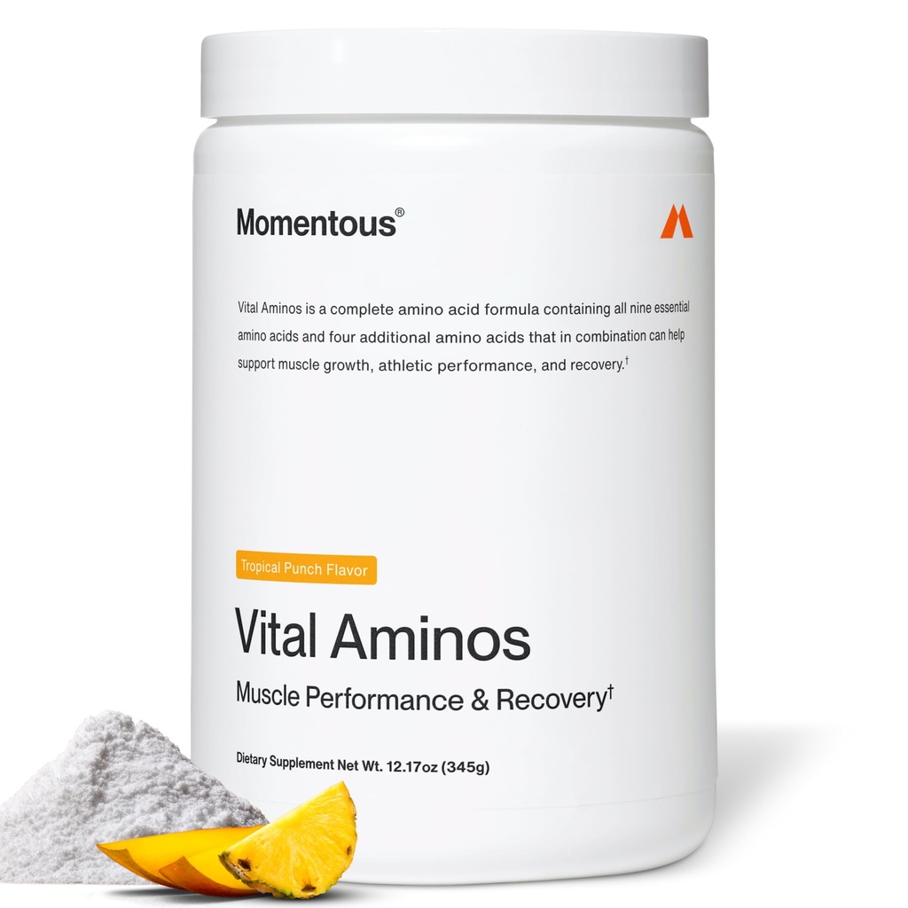 Momentous Vital Aminos Powder Supplement - BCAA & EAA - Tropical Punch - NSF Certified for Sport - OMG- & Gluten-free - 30 Servings - Package May Vary