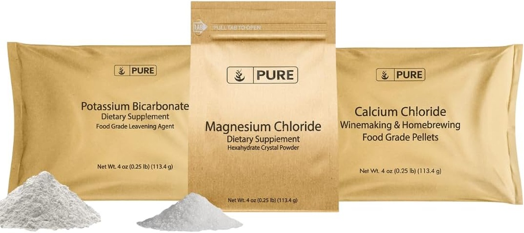 Ingrediente originale pure Bicarbonat de potasiu, Clorura de magneziu și Clorura de calciu Bundle, 4 oz Fiecare, Alimente sigure