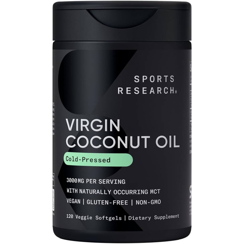 Sports Research® Organic Coconut Oil Capsules 3000MG - Cold Presed Extra Virgin Coconut Oil with Medie Chain Triglicerides (MCT) - Vegan Friendly & Non-GMO Verified - 120 Softgels