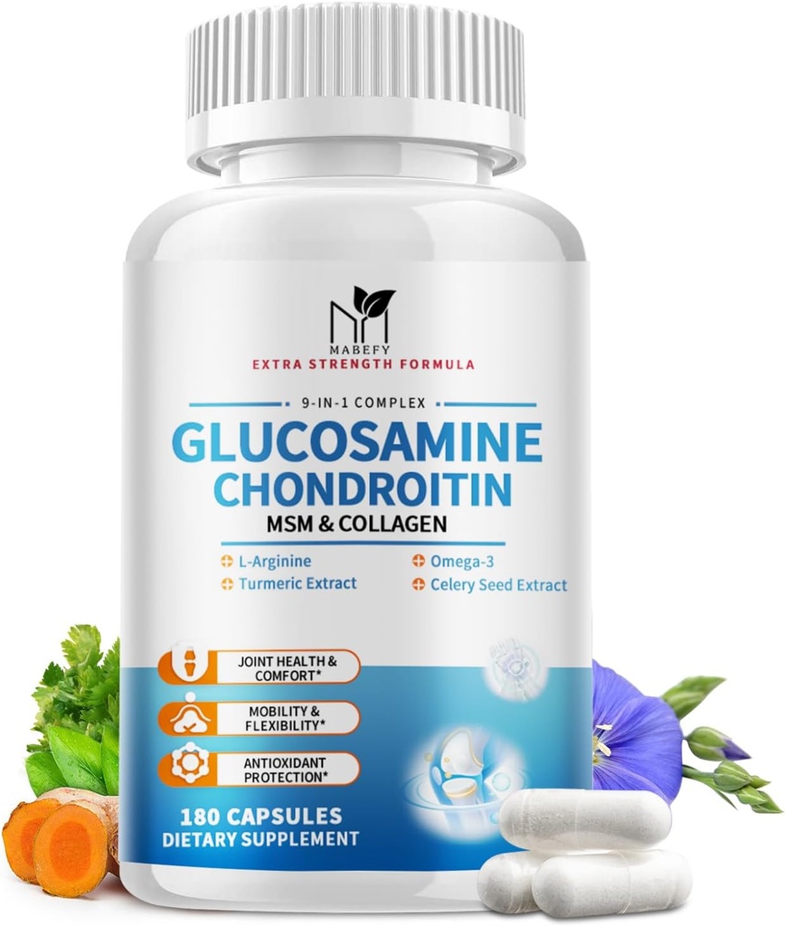 Glucosamină Chondroitin MSM Capsule,Glucosamină 1500 mg cu Colagen, Turmeric, Suplimente comune pentru bărbaţi,180 capsule