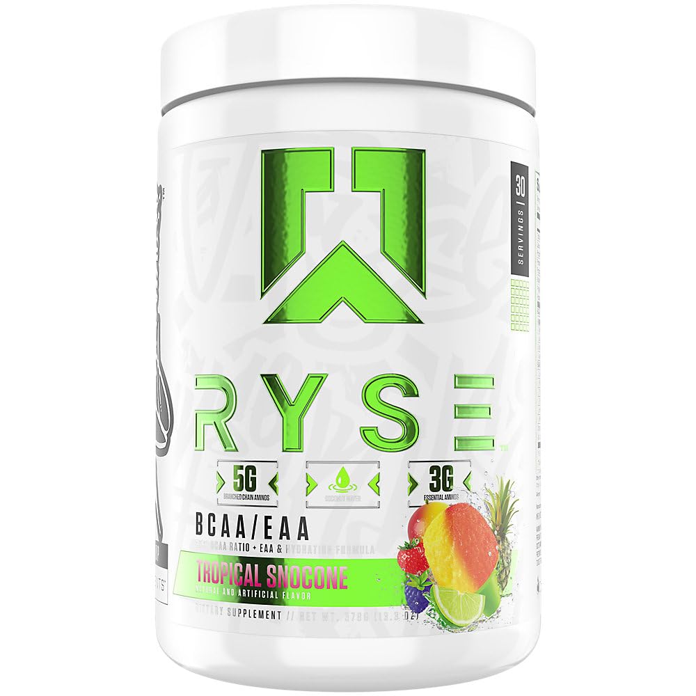 RYSE BCAA EAA pulbere - Tropical Snocone - 5g lant ramificat Aminoacidi, 3g Amino-uri esentiale, Electroliti fara zahar pentru recuperare musculara, rezistenta, hidratare si forta - 30 Serviri