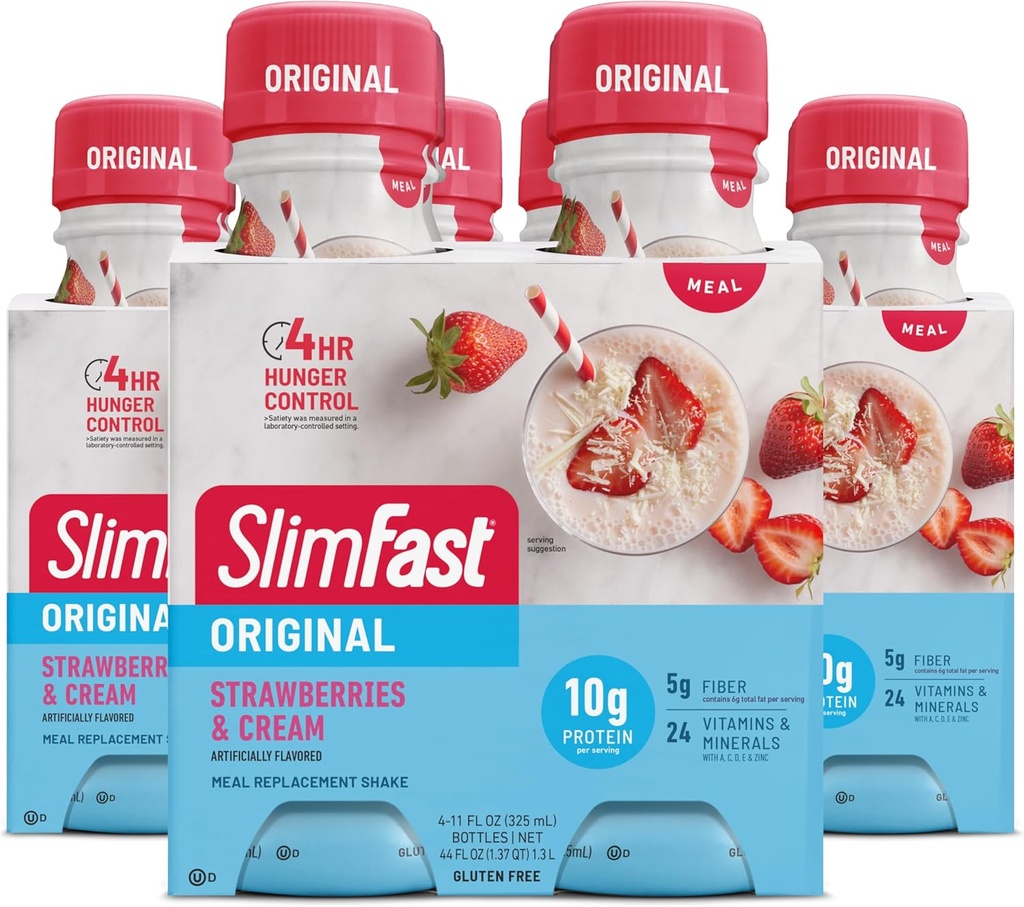SlimFast Masă de înlocuire Shake, original căpșuni și cremă, 10g de gata să bea proteine pentru pierderea in greutate, 11 Fl. Oz Sticla, 4 Count (Pachet de 3) (Pachet de mai Vary)