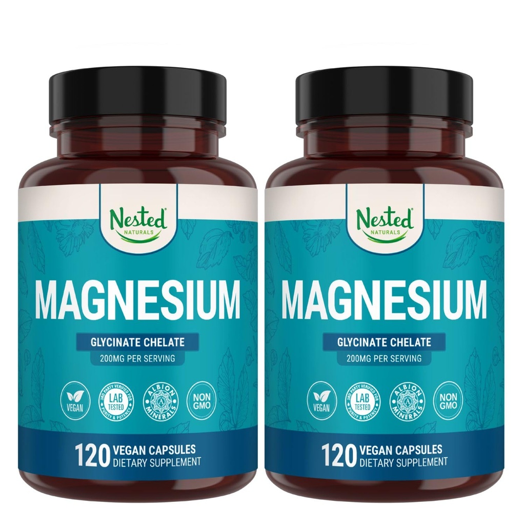 Naturals Nested Magneziu Glicinat Chelat - 200 mg Supliment Chelated Magneziu pentru Crampe musculare, Relaxare, & Suport de somn - 100% Albion TRACCS Buffered Magneziu Glycinate - 240 capsule Vegan