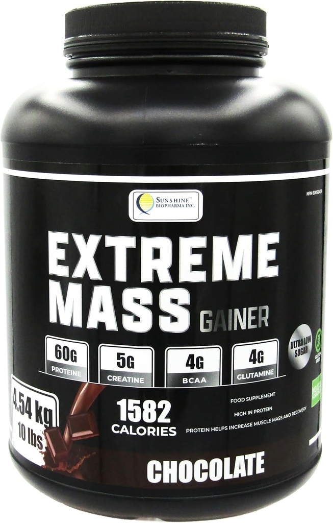 Extreme Masă Greutate Gainer Constructor musculare, 10 lb (4.54 kg) cu mai puțin zahăr pentru antrenament intens Fabricat din proteine zer fortificate calorie mare (Chocolate)