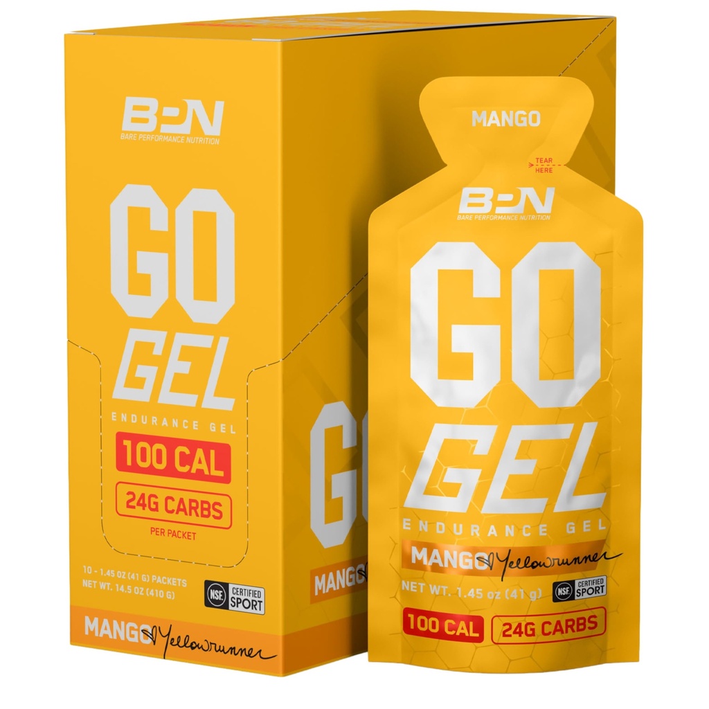 NUTRIŢIE DE PERFORMANŢĂ BARE, BPN Go Gel Endurance, 24g de carbohidraţi şi 100 calorii per ambalaj, gel Vegan + Gluten Free Running, 10 ambalaje cu un singur serviciu, Mango