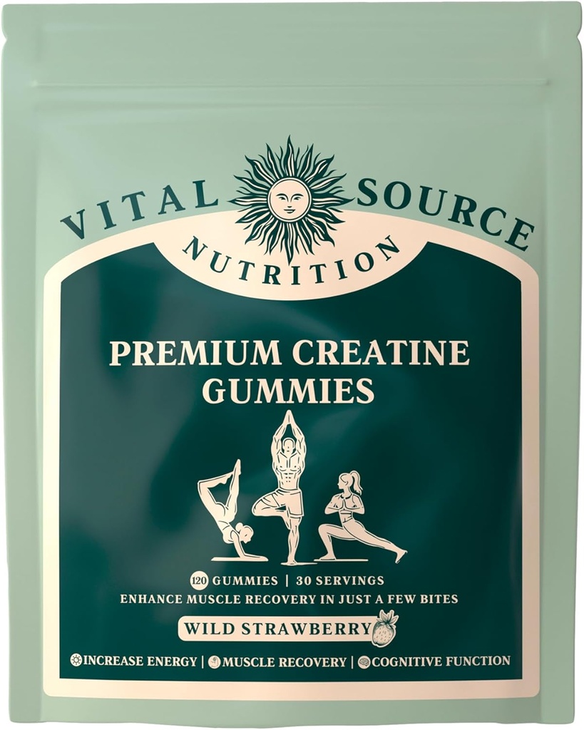 Vital Source Nutrition - Premium Creatine Gummies - Muşchi de creştere, recuperare şi suport energetic - 5g Creatină Monohidrat - Vegan, Gluten-Free & Halal - Căpşuni sălbatice - 120 Gume - 30 Serviri
