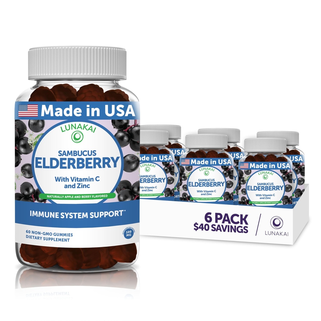 Lunakai Sambucus Gumies cu zinc & vitamina C pentru adulți și copii - 100 mg black elderberry Vitamine Immune Supplement - Vegan, Non-GMO, No Corn Syrup - 6 Pack