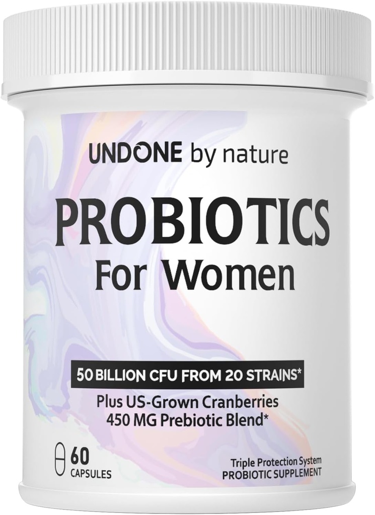 Probiotic pentru femei, 50 Miliarde CFU Probiotice pentru femei cu prebiotice, Plus US-Grown Cranberry, Suport GI, Sănătate pentru femei, Sistem triplu de protecție, Lansare întârziată, 60 capsule