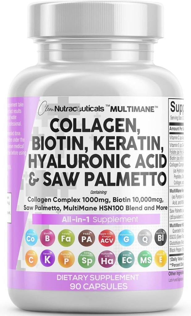 Clean Nutraceuticals Colagen Pastile 1000mg Biotin 10000mcg Keratina Saw Palmetto Acid hialuronic - Hair Skin & Nails Vitamine & DHT Blocker cu vitamina E Acid folic Seed dovleac MSM - 90 Count