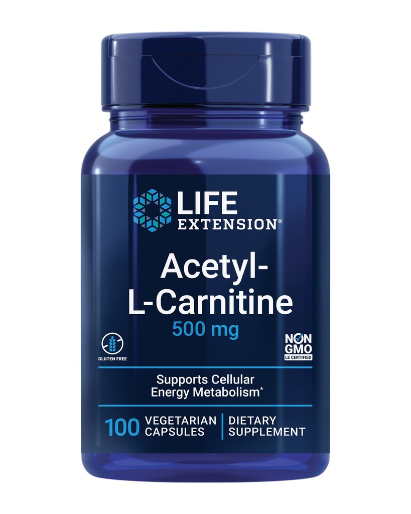 Extensie de viaţă Acetil-L-Carnitină, Acetil-L-Carnitină, Vitamina C, Brain, Mood & Nerve Health, Cellular Energy, 3-Month Supply, Gluten-Free, Non-GMO, Vegetarian, 100 Capsule