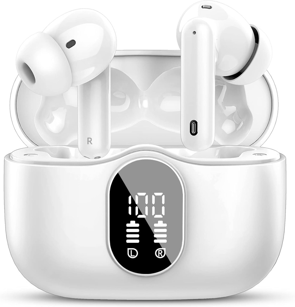 Btootos Wireless Earbuds Bluetooth 5.4 Căști Bass Stereo Ear Buds cu zgomot Anulare Mic LED Display în ureche Căști IP7 rezistent la apă 36H Timp de joacă pentru Laptop Pad Telefoane sport antrenament alb