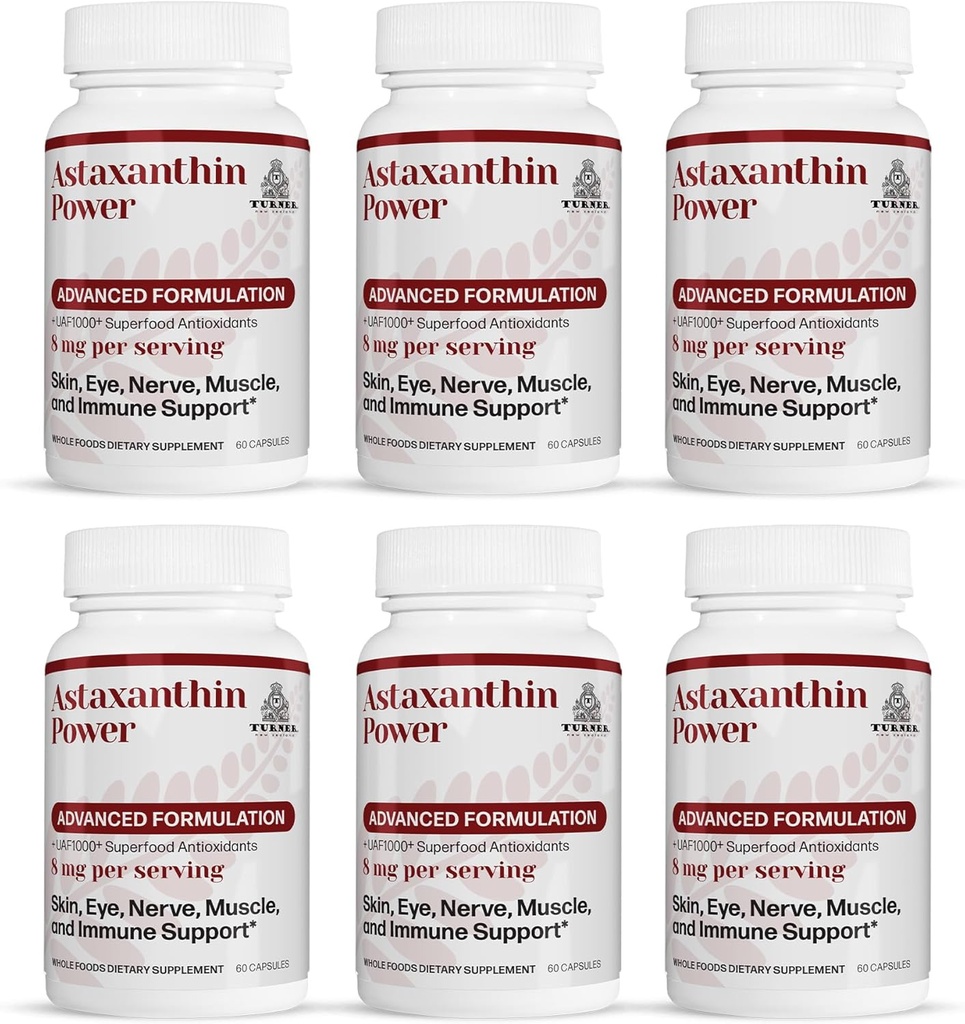 TURNER Noua Zeelandă Astaxantină Putere cu UAF1000+, Anti-Aging, Piele, Ochi, Nervie, Recuperare musculară, Suport Imun Supliment antioxidant, 12mg Astaxantină, 180 Serviri, 6 Sticle
