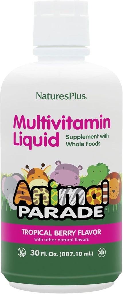 NaturasPlus Animal Parade Sursa de viata Multivitamine lichide pentru copii - Tropical Berry Aroma - 30 fl oz - Intregul supliment alimentar - Vegetarian, Gluten-Free - 60 Serviri