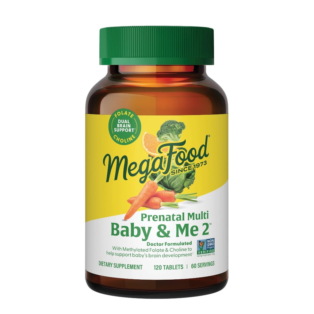 Megafood Baby & Me 2 Vitamine și minerale prenatale - Vitamine pentru femei - cu Folat (Acid folic Forma naturală), colină, fier, iod și vitamina C, vitamina D și mai mult - 120 Tabs (60 Servings)