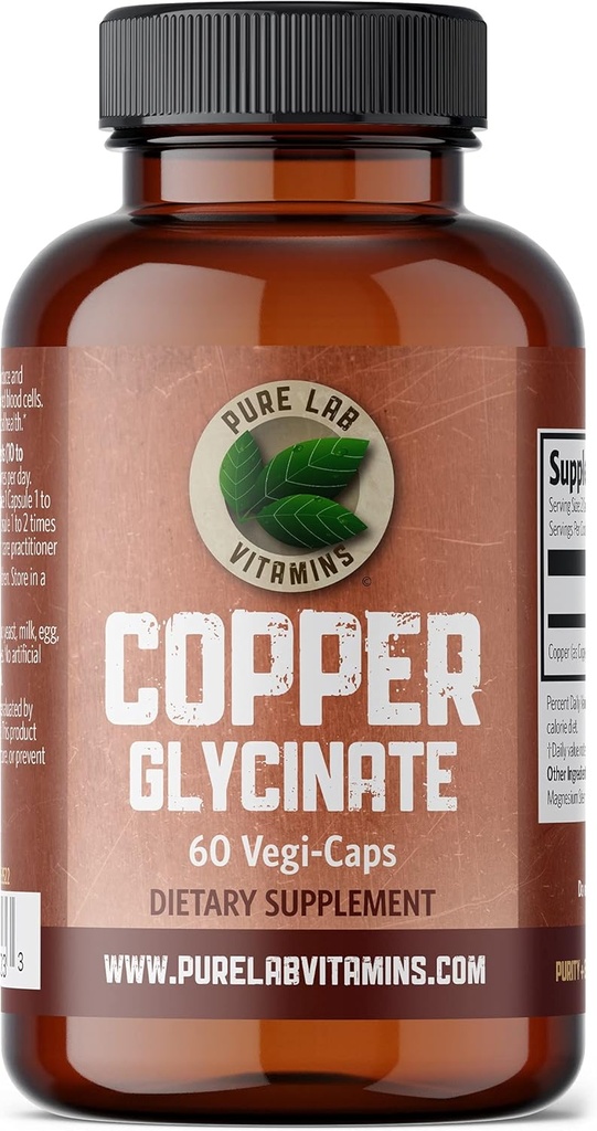 Vitamine pure Lab Copper Glycinate Supliment mineral - 1 mg - 60 Capace Vegane esențiale pentru producția de colagen, susține sistemul imunitar și formarea celulelor roșii din sânge - Gluten gratuit Made în Canada