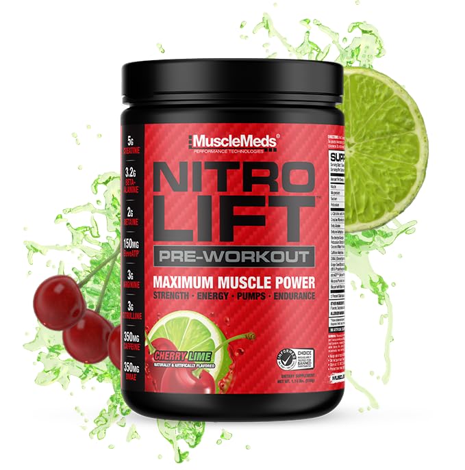 MuscleMeds Nitro Lift Pre Antrenament Îmbunătățește rezistenta si performanta musculara, Cherry Lime, 40 Serviri