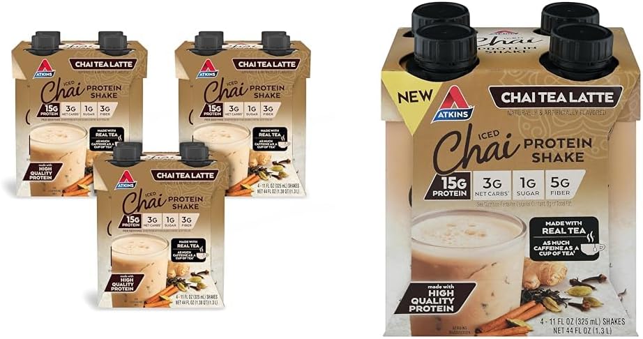 Atkins Chai Tea Latte Proteine Shake Bundle cu 15g Proteine, 3g Net Carb, 1g Zahăr (4 Pack) Iced Chai Ceai Latte Proteină Shake