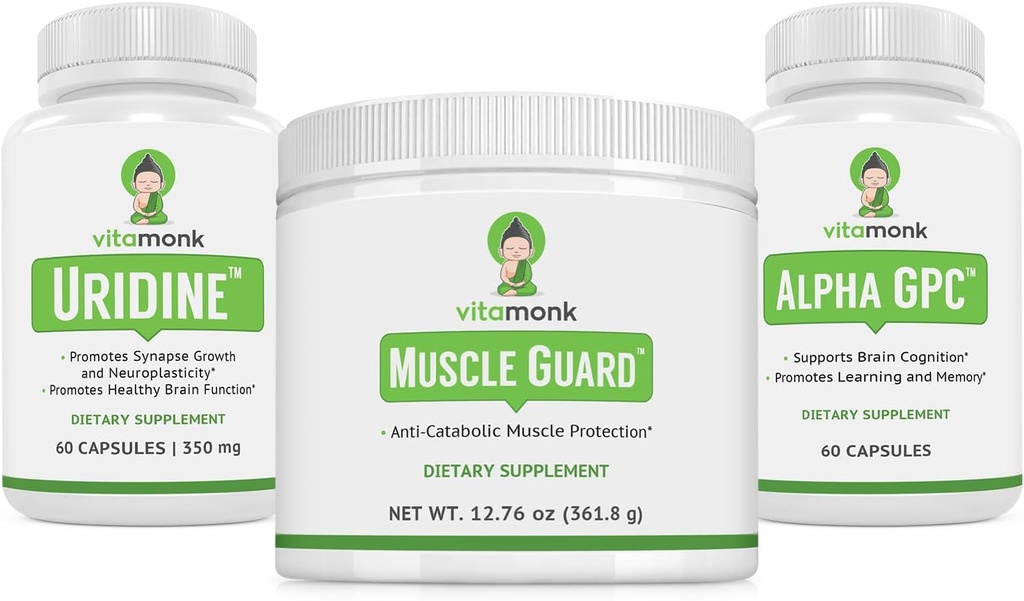 VitaMonk Muscle Guard & Alpha GPC Uridină Stack Bundle, HMB, EAAs, Vitamina D, Magneziu & Brain Support for Focus, Clarity, and Muscle Growth