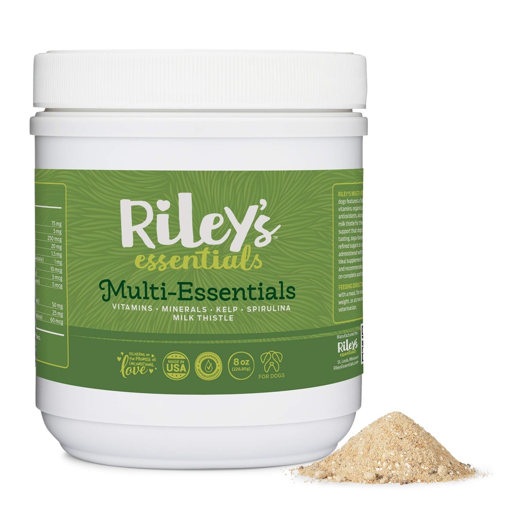 Riley's Multi-Essentials Multivitamine pentru câini - Vitamine, Minerale, Spirulina, Kelp, si Milk Thistle pentru suport nutritional - Vitamine catelus si caine senior - 8 oz pulbere