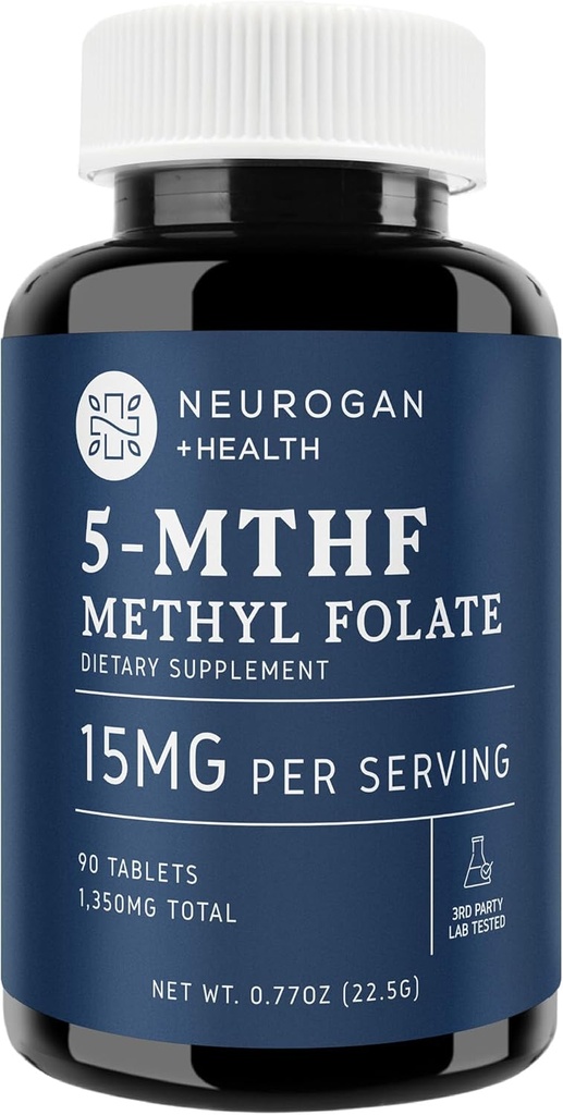 Neurogan L-5-MTHF Metil Folate Supliment, 15 mg - Active Folic Acid- Vegan, Gluten-Free & Non-GMO - Sprijină Cognitive, Cardiovascular & Mood Health - Made in USA, 90-Day Supply