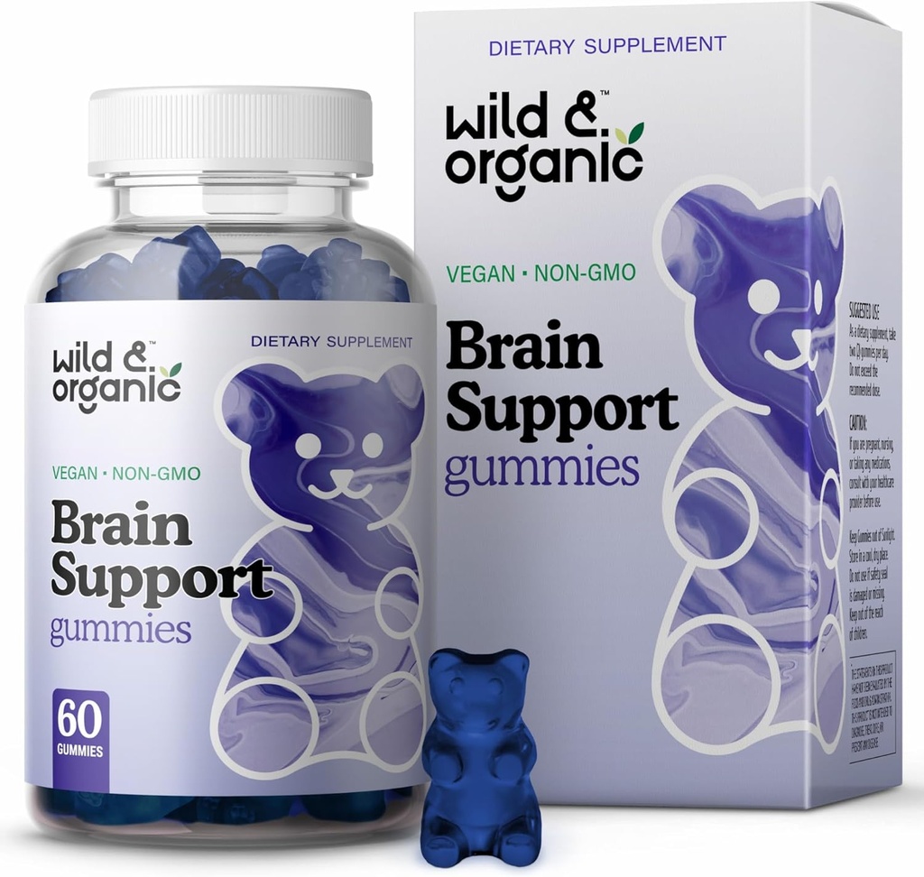 Wild & Organic Brain Support Gummies - Focus Supliment w/Ashwagandha Root, Vitamina B12, Ginkgo Biloba, Bacopa - Vegan Chews for Clarity & Productivitate - 60 Brain Gummies
