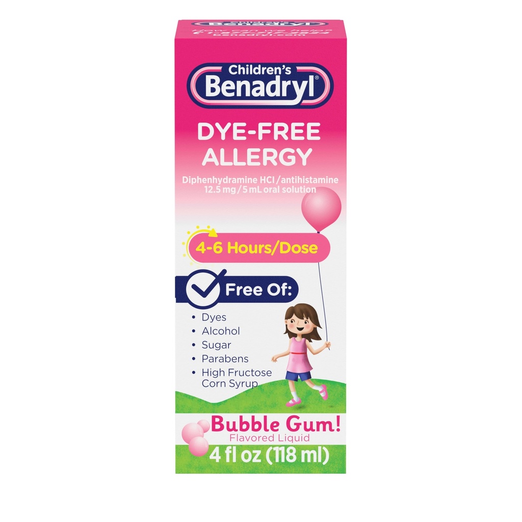 Benadryl pentru copii Dye-Free Alergy Relief Liquid + 12, 5 mg Difenhidramină HCl, Antihistamina Alergia Medicina pentru copii ajută Relieve Runny Nose & Sneezing, Bubble Gum Flavor, 4 fl. oz