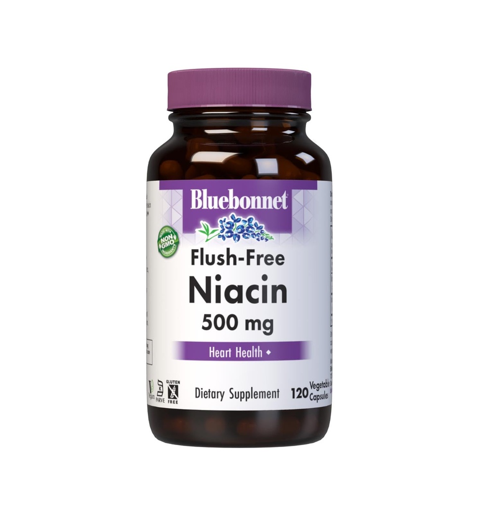 BlueBonnet Nutriție Flush Niacin 500mg, pentru Support Cardiovascular Alimentator Capsule vegetale, Soy/Dairy/Gluten Free, Non-GMO, Kosher Certified, Vegan, White, 120 Conte