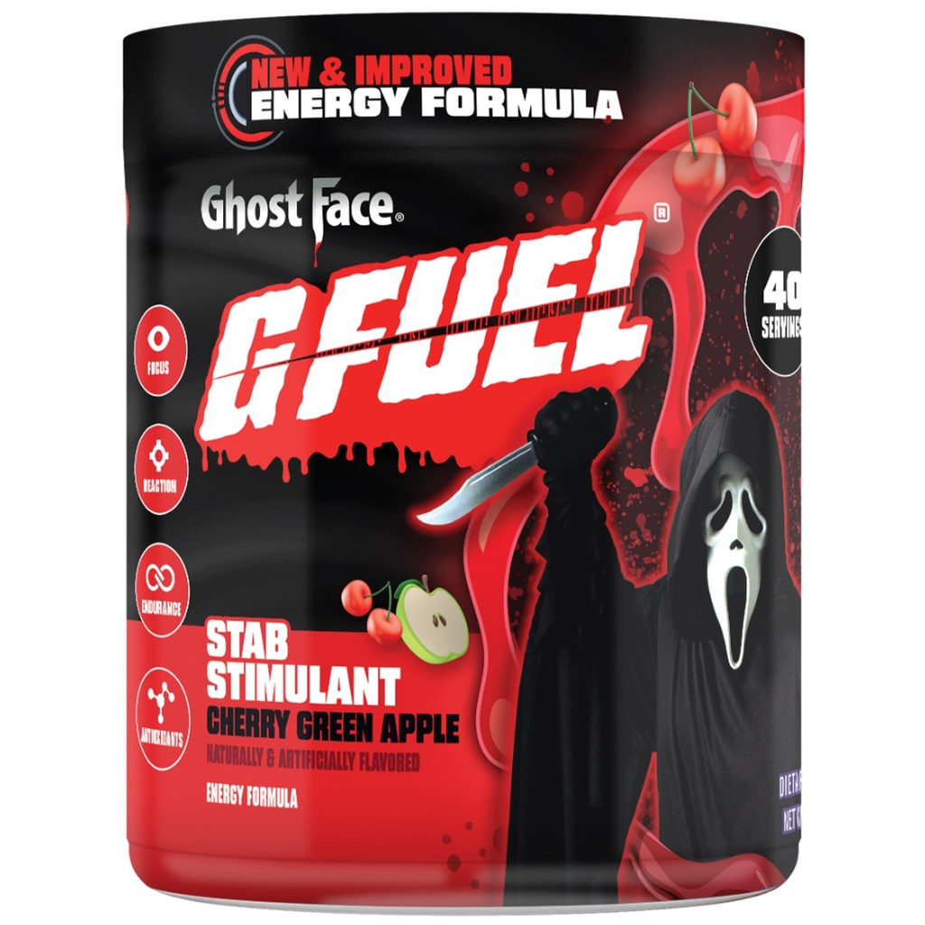 G Fuel Ghost Face Energetic Drink Powder, Pre Workout Caffeine Mix pentru Gaming, Sugar Free Focus Amino, Vitamina + Antioxidanti, 9,9oz (Cherry Green Apple, 40 Servings)