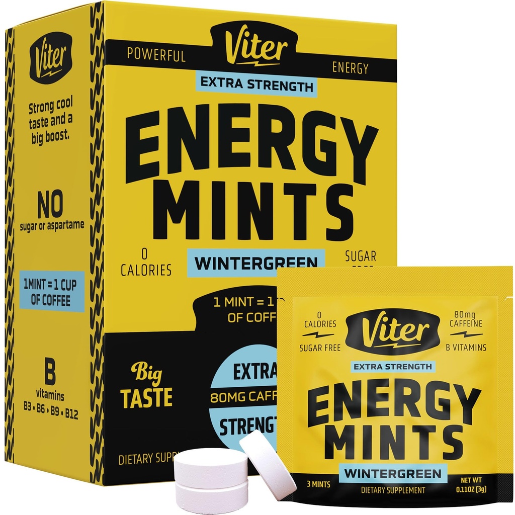 Viter Energy Cafeine Mints 80mg Extra Putere - 90 Piese Cafeinate cu vitamine B. Sugar gratuit Vegan respiratie menta. Energize Nootrop Focus Booster pentru alertă rapidă (Wintergreen Flavor, 30 Pack)