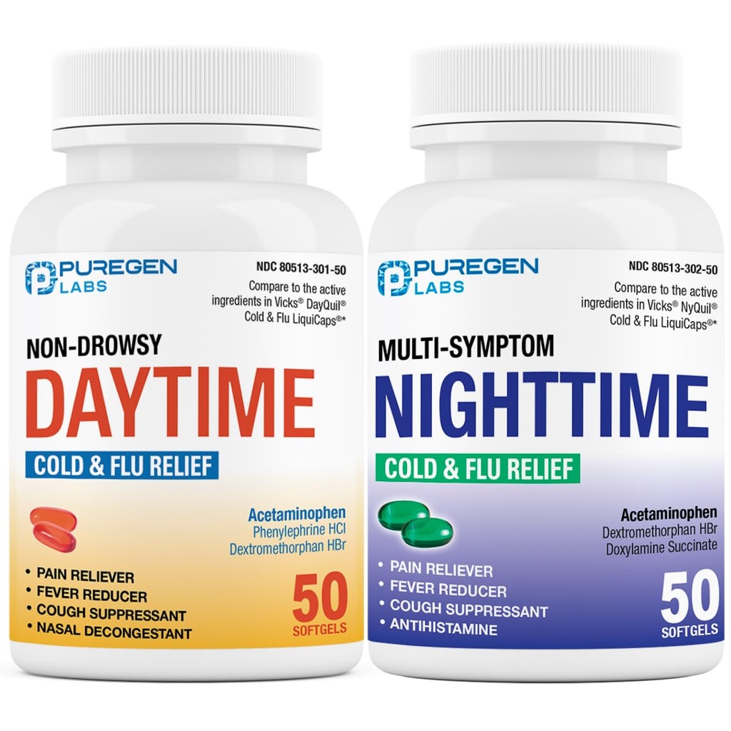 Puregen Labs Daytime and Nighttime Combo Pack, Rece and Flu Result Medicine 