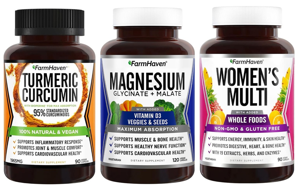 FarmHaven Magneziu + Multivitamine pentru femei + Curcumină turmerică cu Pepper negru BioPerine