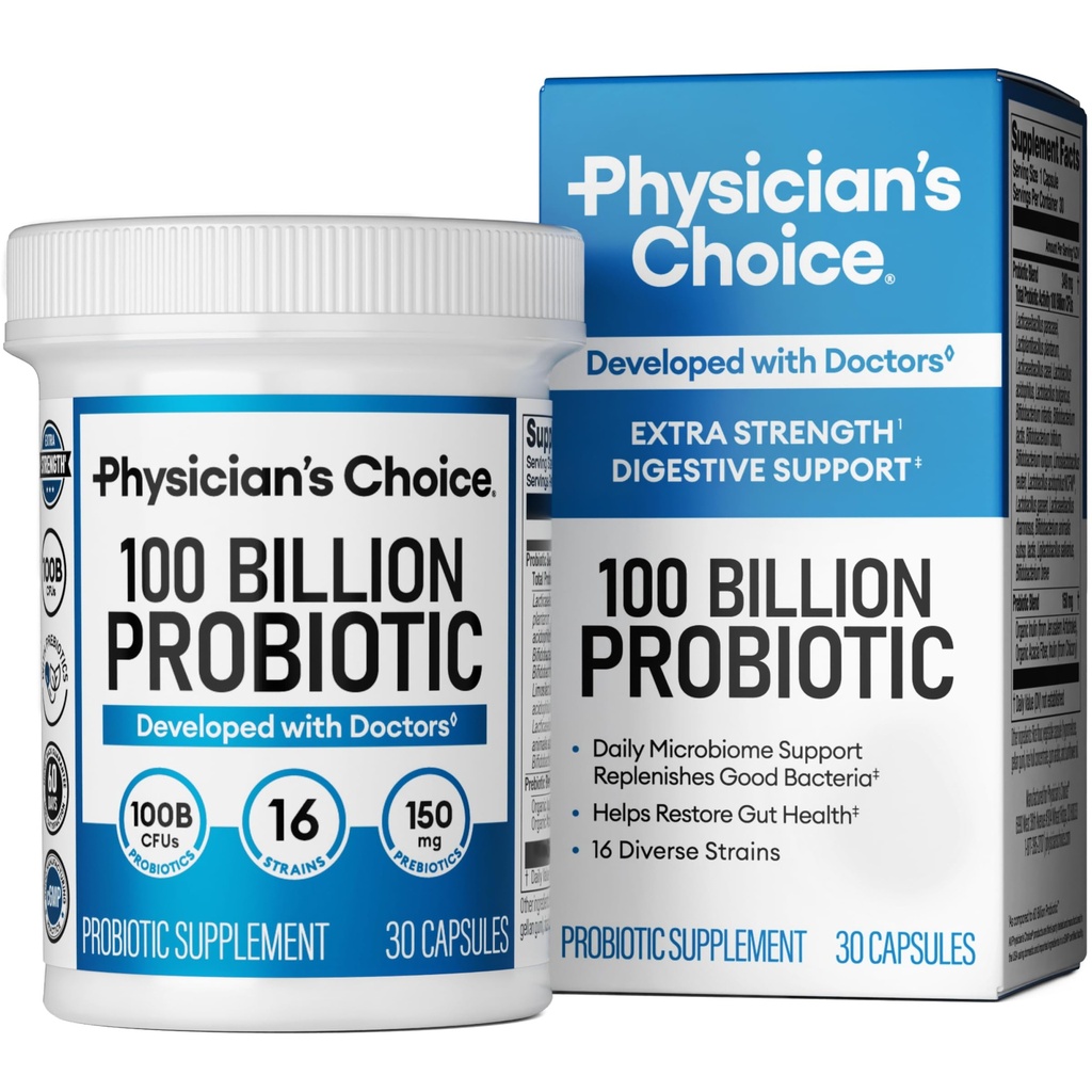 CHOICE de medic 100 Miliarde avansat Probiotic - 16 Straiuri + Prebiotice organice - Digestive & Gut Health - Sprijină constipație ocazională, diaree, gaze și balonare - Probiotice pentru femei și bărbați