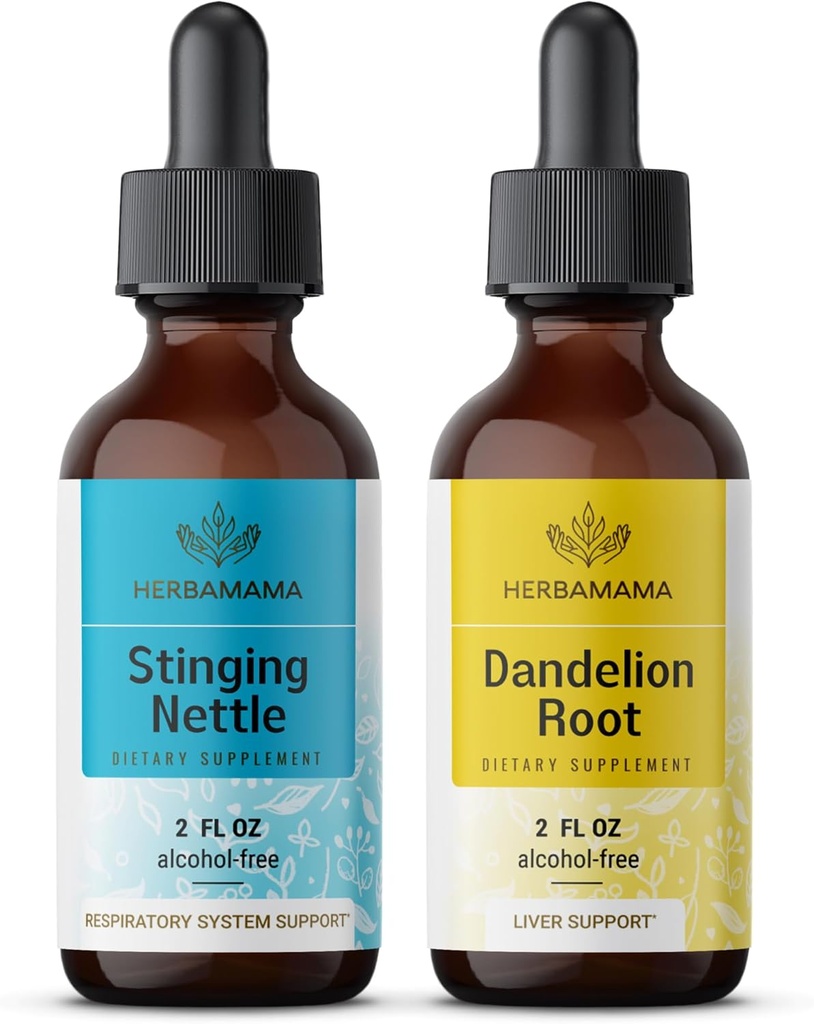 HERBAMAMA Herbal Liquid Drops Kit - Bundle of Stinging Nettle & Dandelion Root Tincture 2 fl oz - Vegan, Non-GMO, Sugar & Alcool-Free - 2 Pack