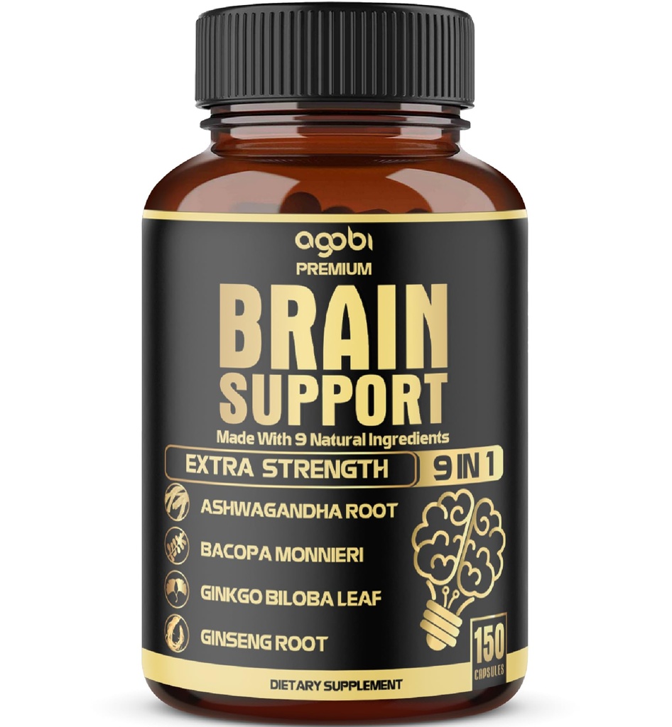 agobi 9in1 Brain Supplement - Amestecat cu Ashwagandha, Panax Ginseng, Gotu Kola, Ginkgo Biloba, Black Pepper & More - Precizie, Focus, Memory & Energy Booster - 150 capsule pentru 5 luni