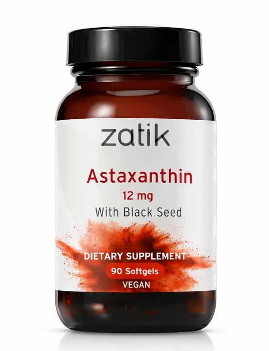 Zatik Naturals - Astaxanthin 12mg cu Seminte Negre Organice, Antioxidant, 90 Vegan Softgels