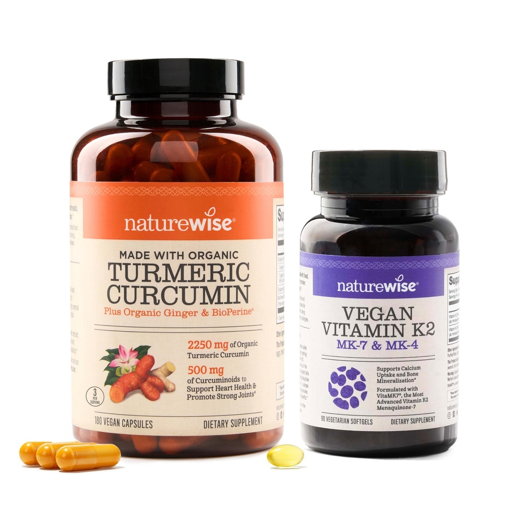 NatureWise Curcumin Turmeric 2250 mg cu BioPerine & Vegan Vitamina K2 MK-7 100mcg și MK4 500mcg - 180 Conte & 90 Softgels