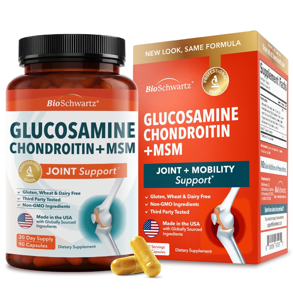 Glucosamină Chondroitin MSM supliment comun de suport - Colagen Peptide, Turmeric și ghimbir, Acid hialuronic, Glucosamină Chondroitin sulfat pentru comfort comun - Gluten fără OMG-uri, 90 capsule