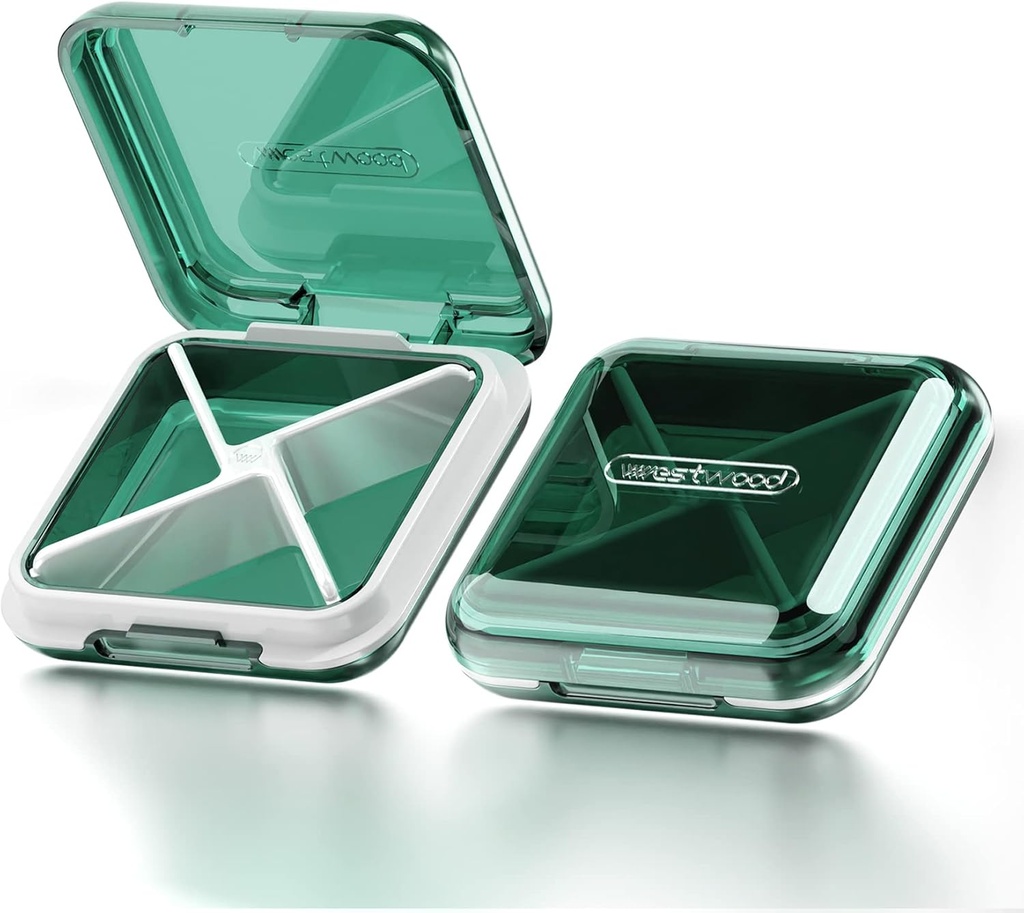 DUBSTAR Daily Pill Organizator,4 Compartimente Portable Travel Case cu pastile mici, Cutie cu pastile pentru buzunar Purse pentru a deține vitamine, ulei de ficat Cod, suplimente și medicamente (verde)