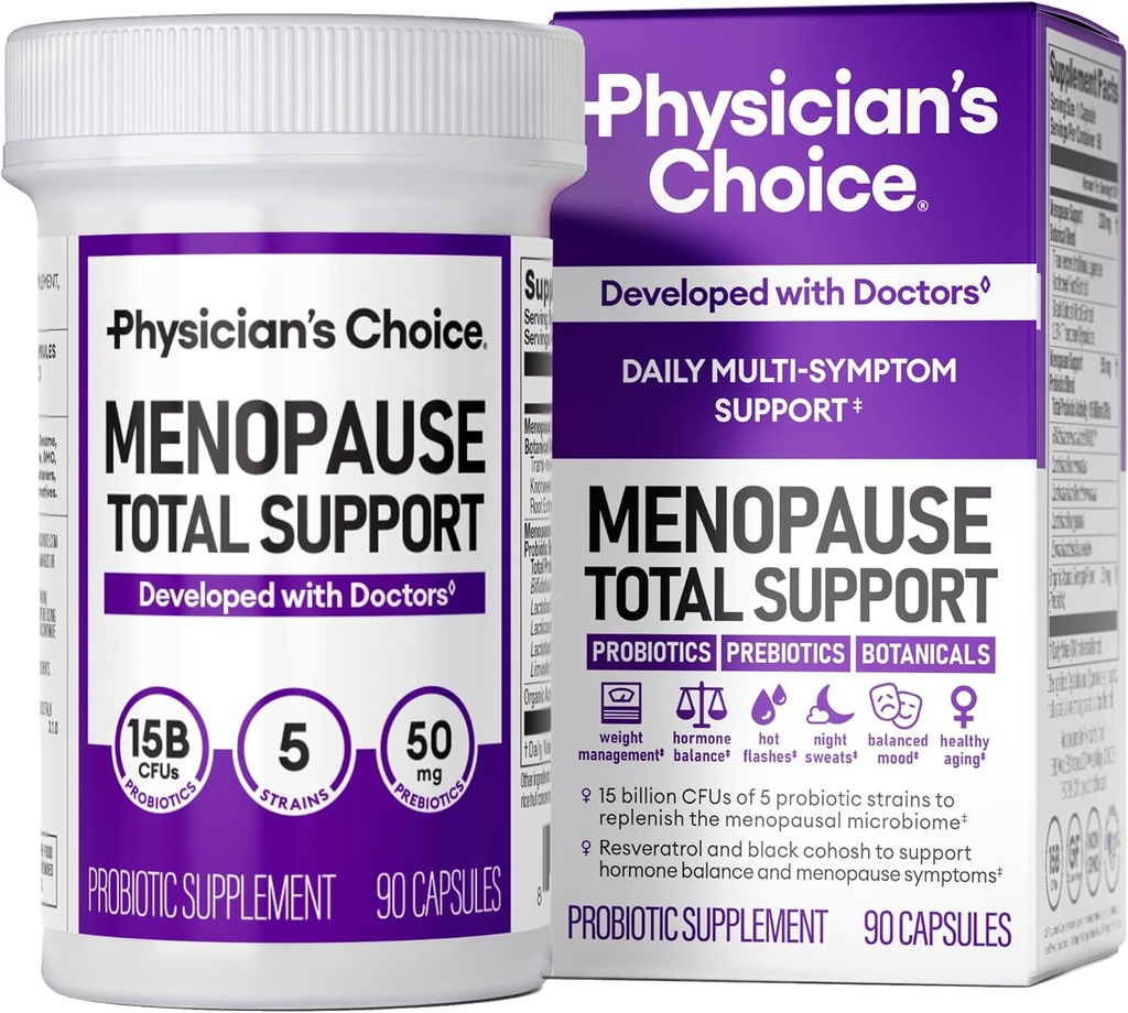 Menopauza Medicului Menopauza Supliment probiotic pentru femei - Suportă Echilibru hormonal, Flash-uri fierbinți, Transpirații nocturne, Managementul greutății, Blooting & Gut Health - cu Black Cohosh, Resveratrol+ - 90ct